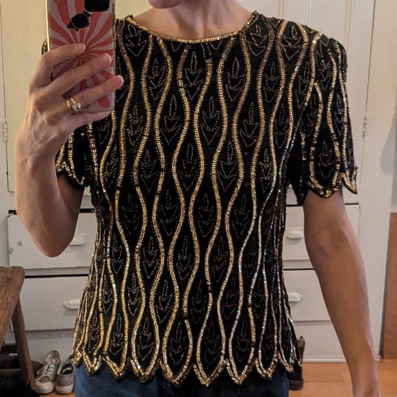 Stenay - Black and Gold Short Sleeve Blouse with Beading and Sequins - Picture 3 of 8